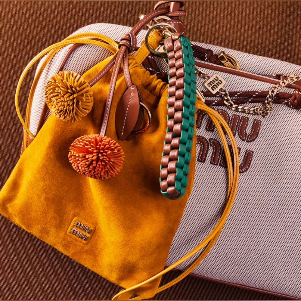 Miu Miu Leather Keychain Trick in Cognac/Mango Braided With Snap-Hook Logo - Picture 1 of 15